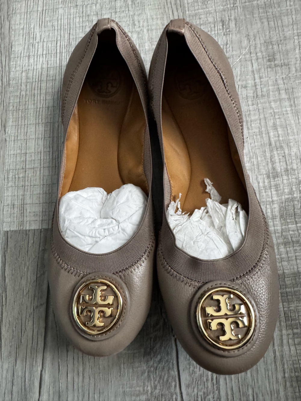 Tory Burch Metallic Taupe Leather Logo Ballet Flats